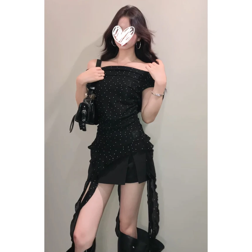 艺等黑色波点一字肩飘带短袖T恤女夏季新款纯欲辣妹掐腰显瘦上衣