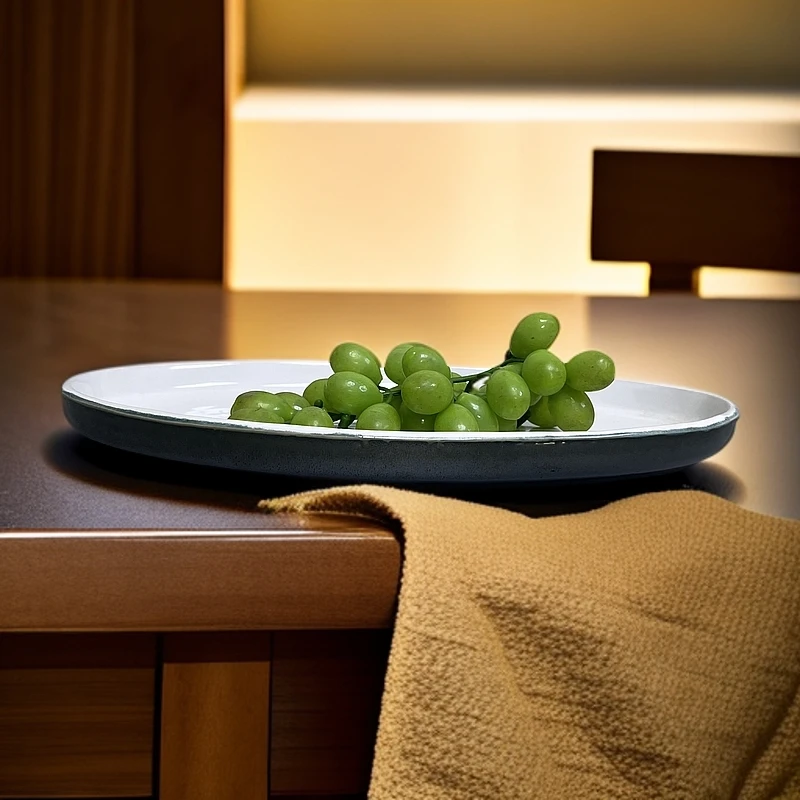 两只新款内白外绿椭圆形陶瓷创意家用简约复古水果盘辣3194酒店