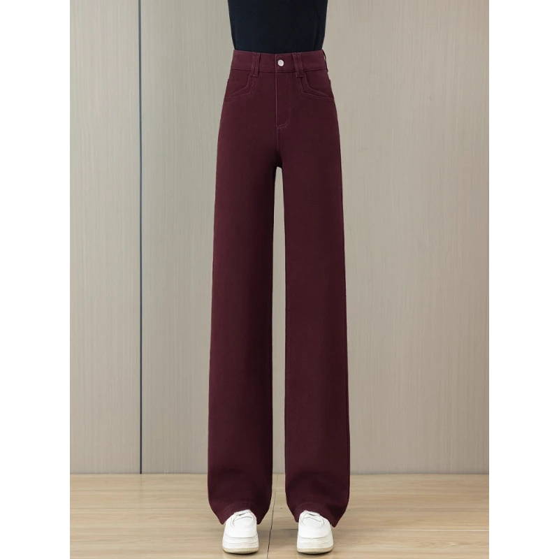 安可拉红直筒牛仔裤女秋冬季2025新款高腰显瘦加绒休闲窄版阔腿裤