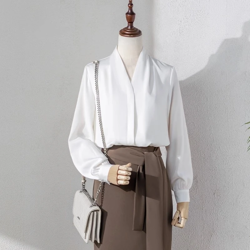 法式职业气质V领白色长袖衬衫女职场通勤面试衬衣高级感上衣内搭