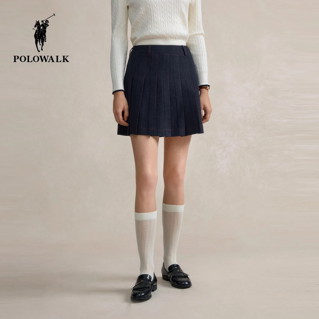 POLOWALK女式半裙2025秋冬裤新品学院风A字百褶裙韩版短裙百搭潮
