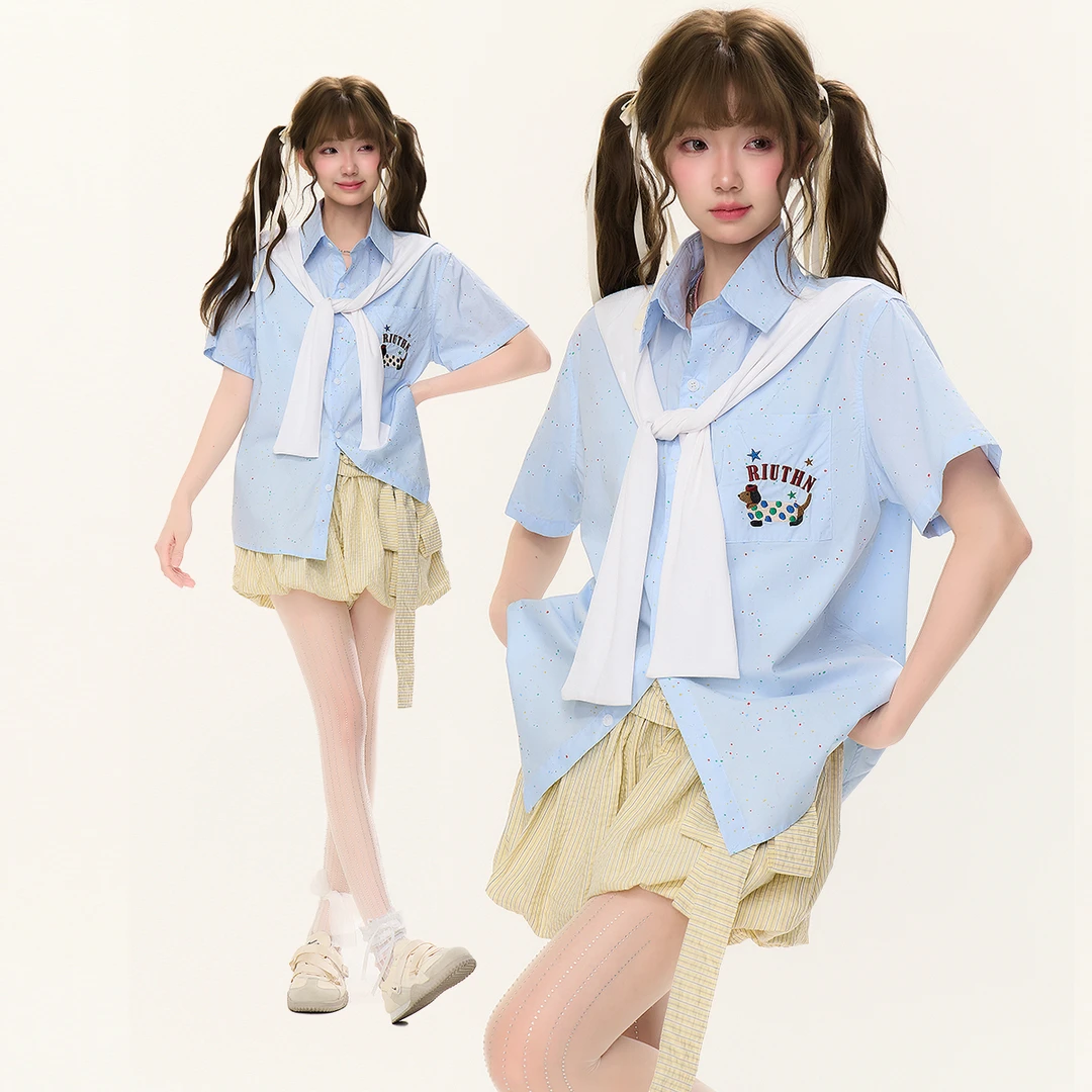 薄款宽松型夏季常规款刺绣衬衫提花夏日学生上衣裙子裤子