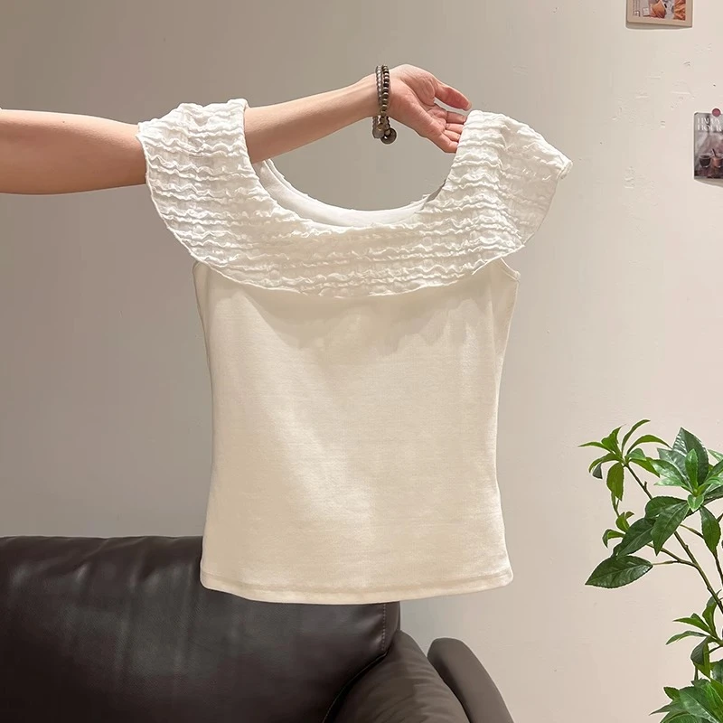 甜美设计感蕾丝木耳边无袖短袖T恤女2025夏季修身显瘦小上衣百搭
