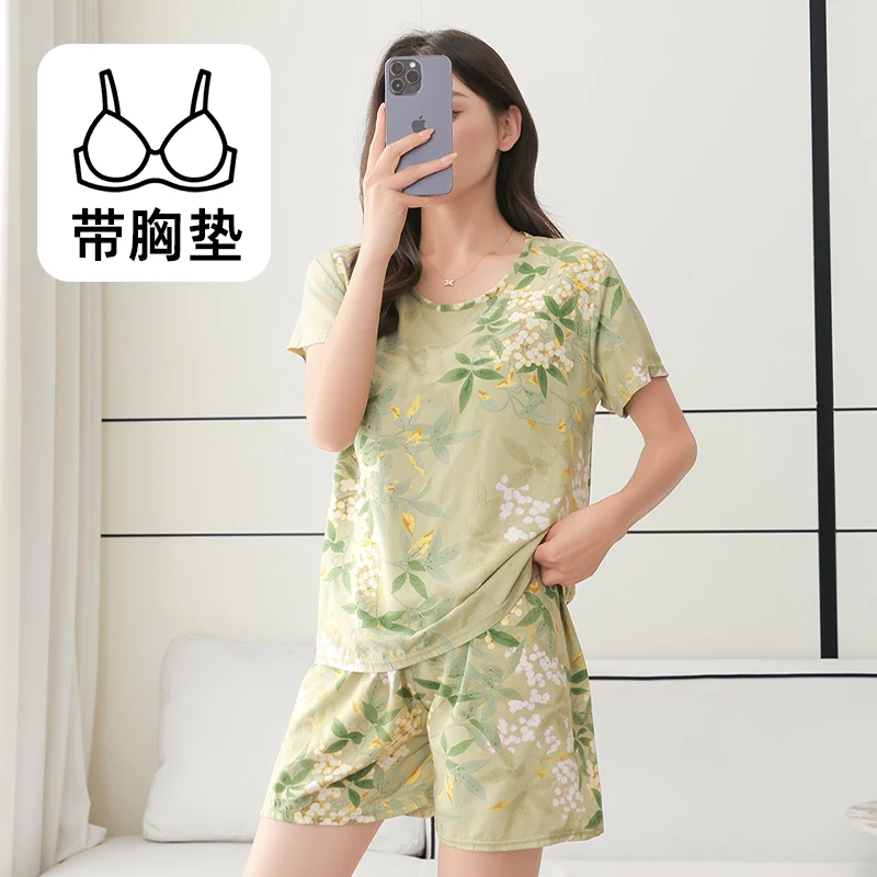 妈妈夏装宽松棉绸家居服套装女夏季睡衣短袖五分裤碎花外穿带胸垫