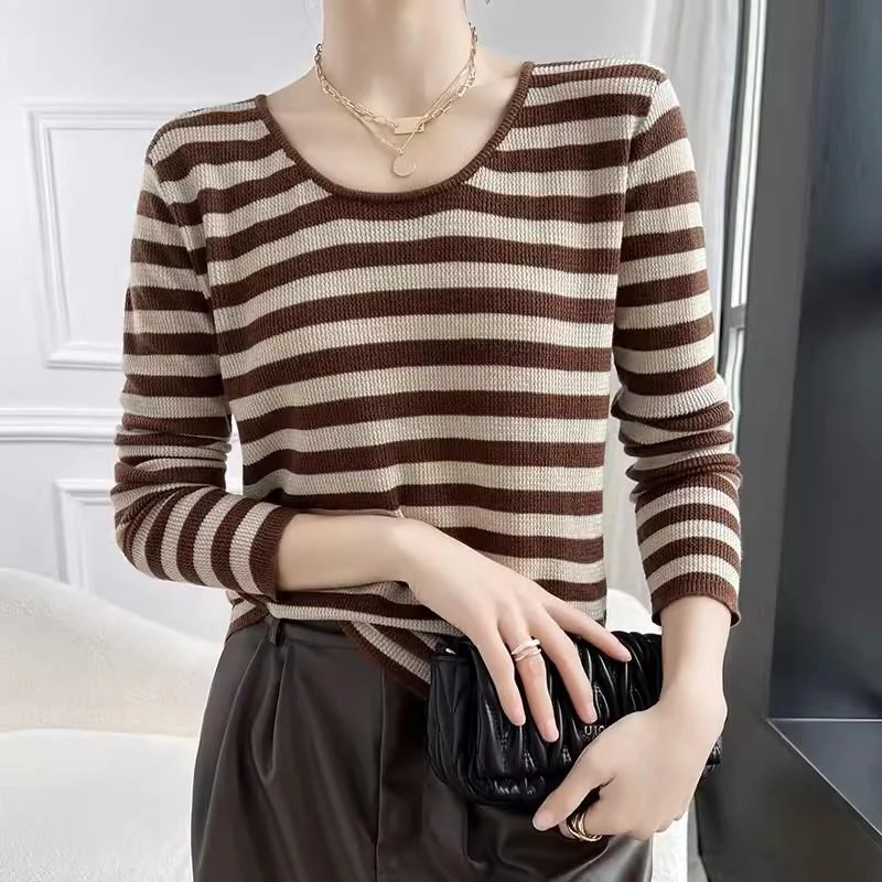 秋季新款精纺羊毛圆领拼色条纹针织内搭套头百搭打底洋气毛衣