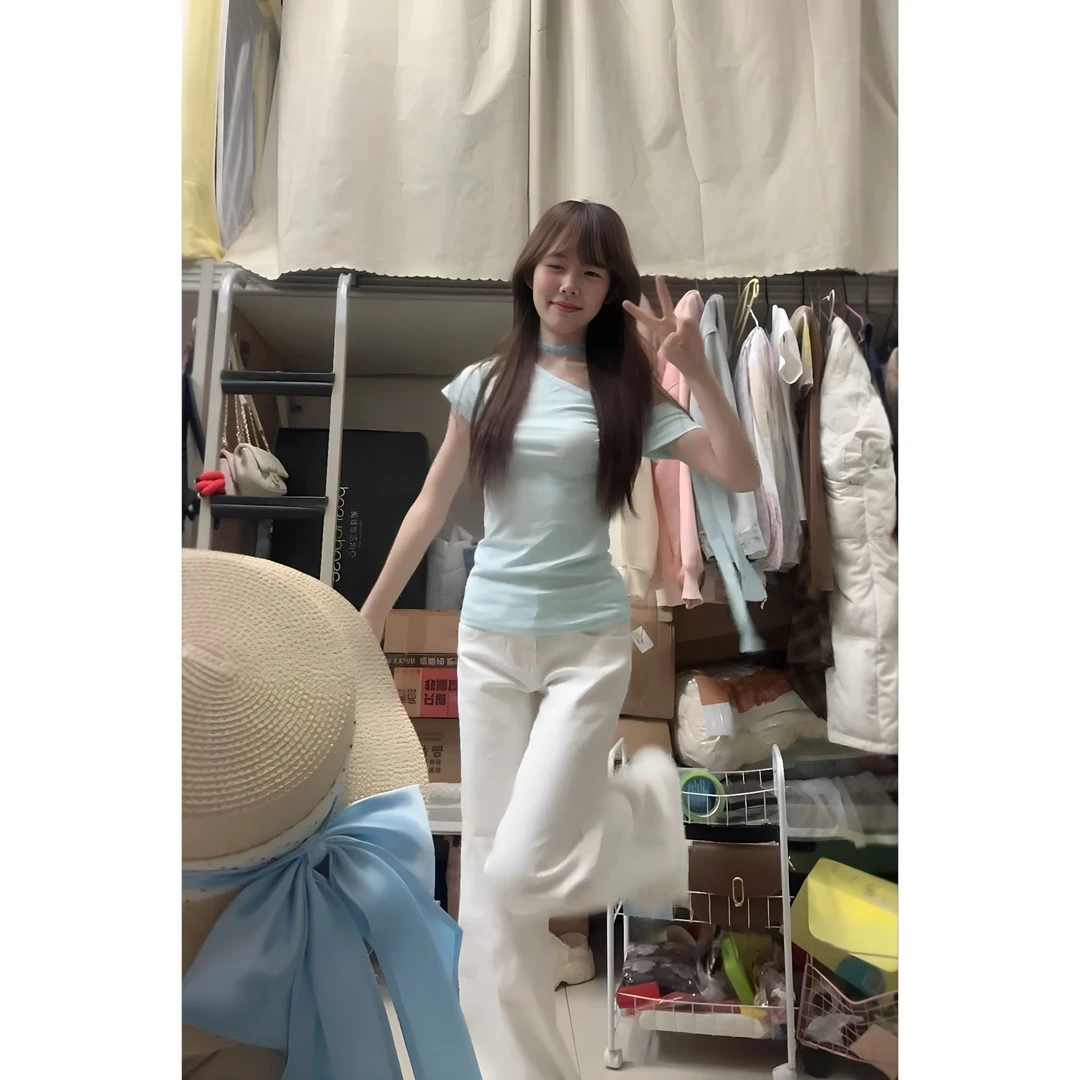MARIE.COCO韩系纯欲风不规则斜肩蓝色蝴蝶结绑带上衣休闲长裤套装