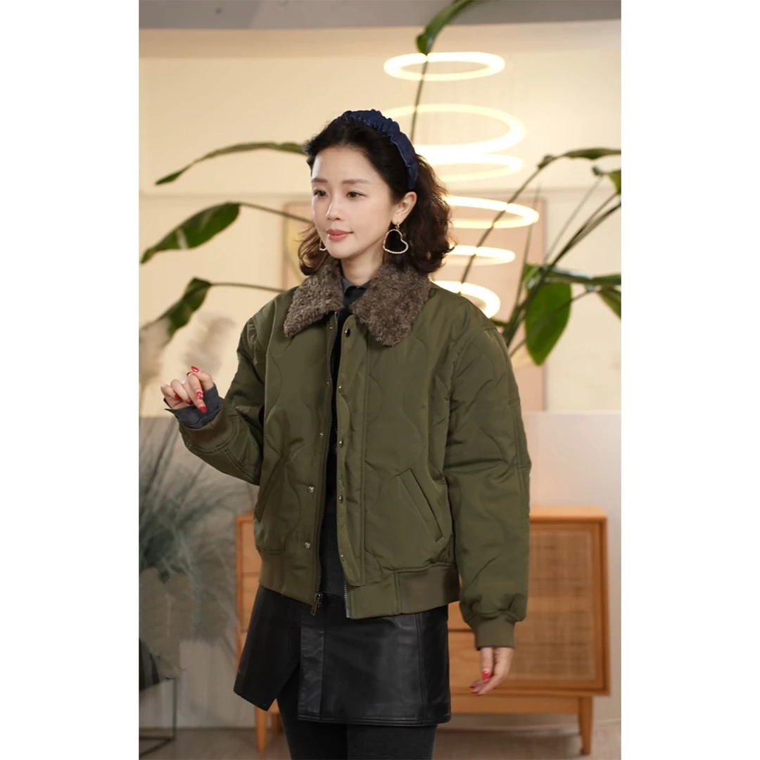 X【叭哒不惑】试飞员 毛领时尚百搭宽松翻领拼接夹克棉服外套女