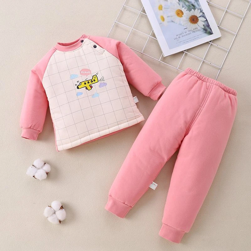 婴儿套头分体套装薄棉120克夹棉保暖两件套宝宝打底护肚子345个月