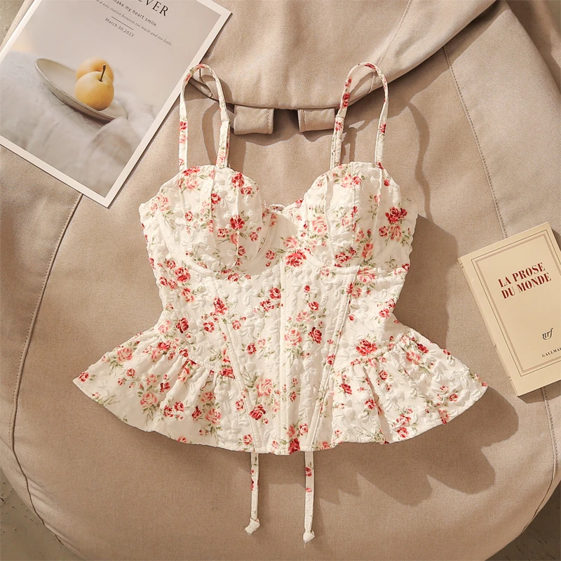 度假风碎花荷叶边露背系带吊带背心女夏季新款纯欲风修身美背上衣