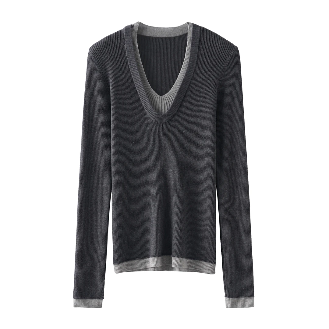 【絮薇】2025早秋新款撞色老钱风修身显瘦打底针织衫-FJ882542