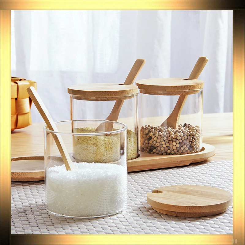 家用调味瓶玻璃调料罐密封盐盖大容量糖带勺圆形竹木佐料