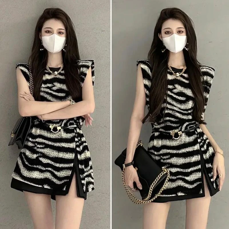 高级感御姐风时尚套装女夏季新款气质条纹上衣开叉西装短裤两件套