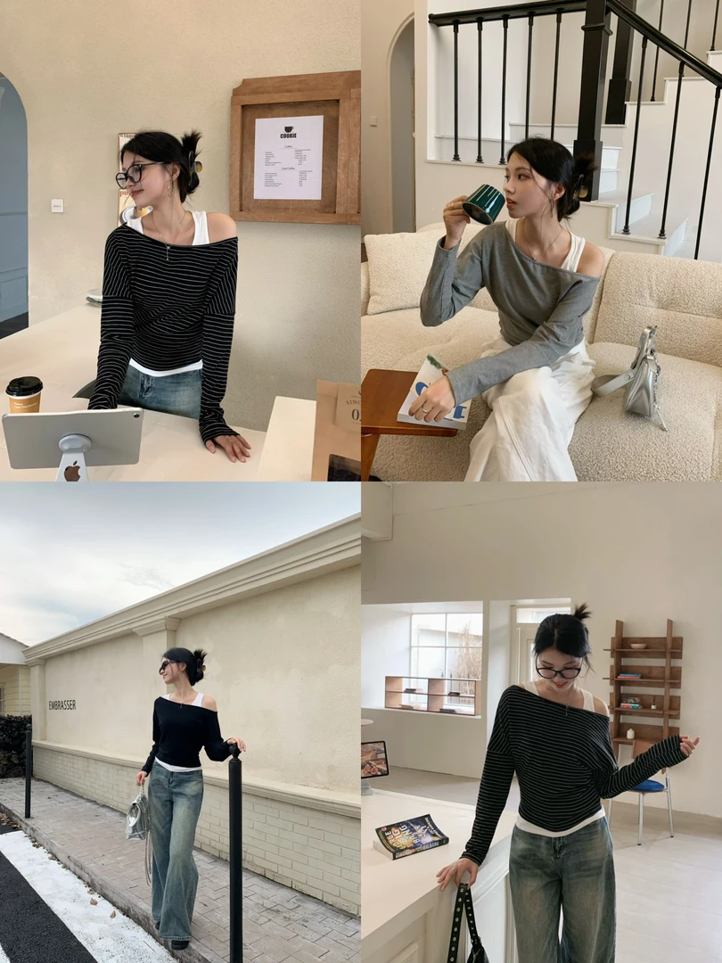 由子衣舍/Youzi Atelier背心一字领条纹两件套长袖上衣慵懒风女