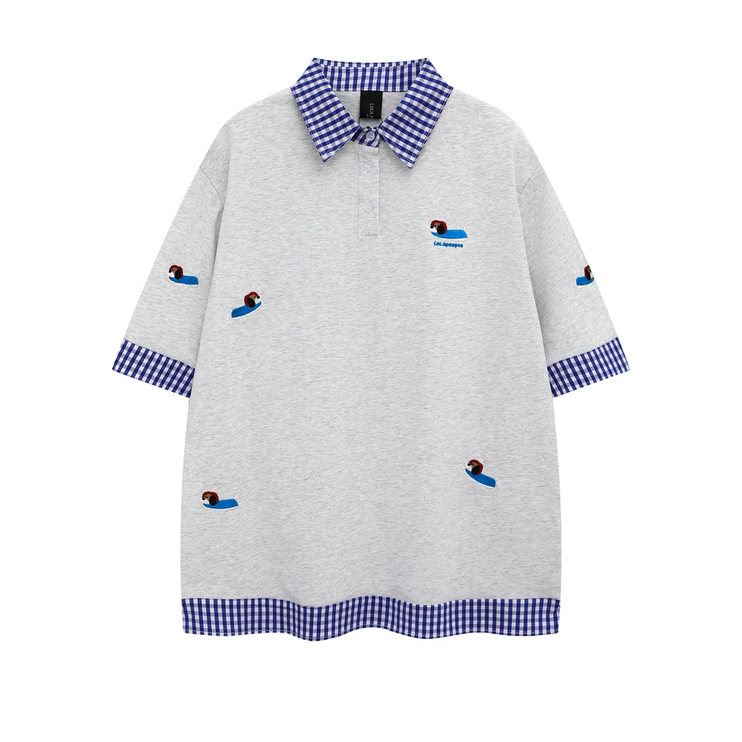 短袖印花落肩袖T恤设计师撞色格子男女日系情侣百搭翻领针织Polo