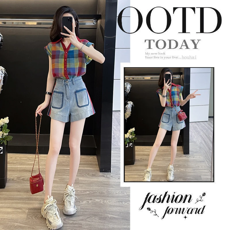 夏季穿搭套装女2025新款洋气短袖衬衫配气质显瘦牛仔短裤两件套