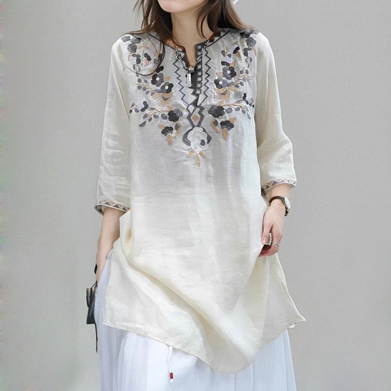 刺绣薄款苎麻衬衫女长款亚麻小衫宽松休闲半袖棉麻上衣