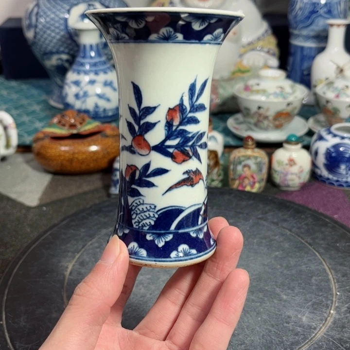 摆件深**水青花釉里红小花斛