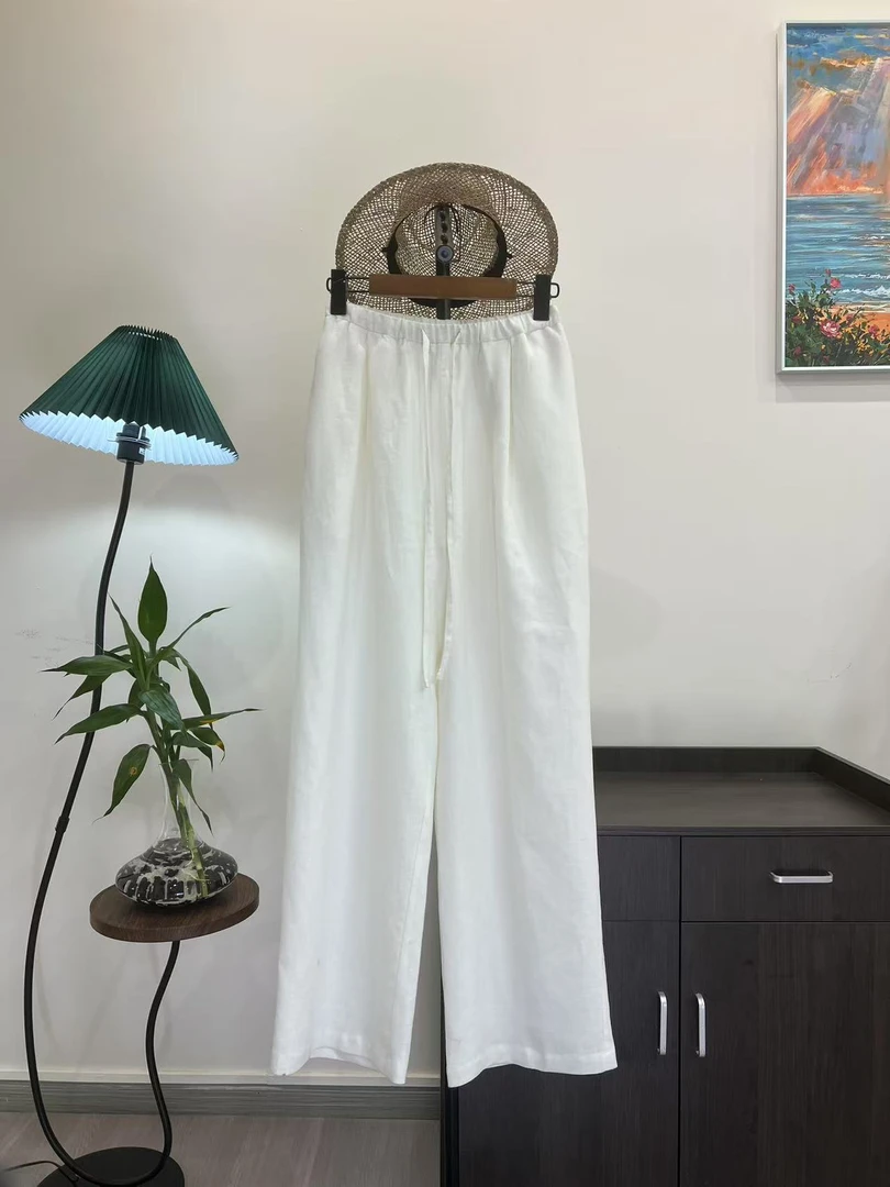 100%亚麻运动白色时尚宽松休闲松紧夏季纯色抽绳直筒裤N-25022