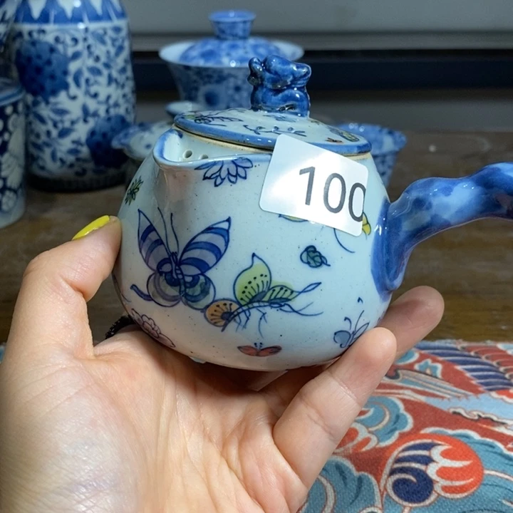 青花瓷景德镇手绘蝴蝶侧把茶壶