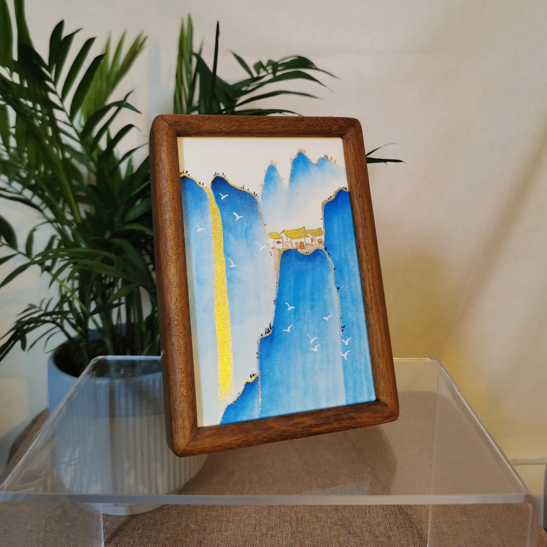 6寸榫卯实木框蓝金山水桌面摆台陈设装饰软装