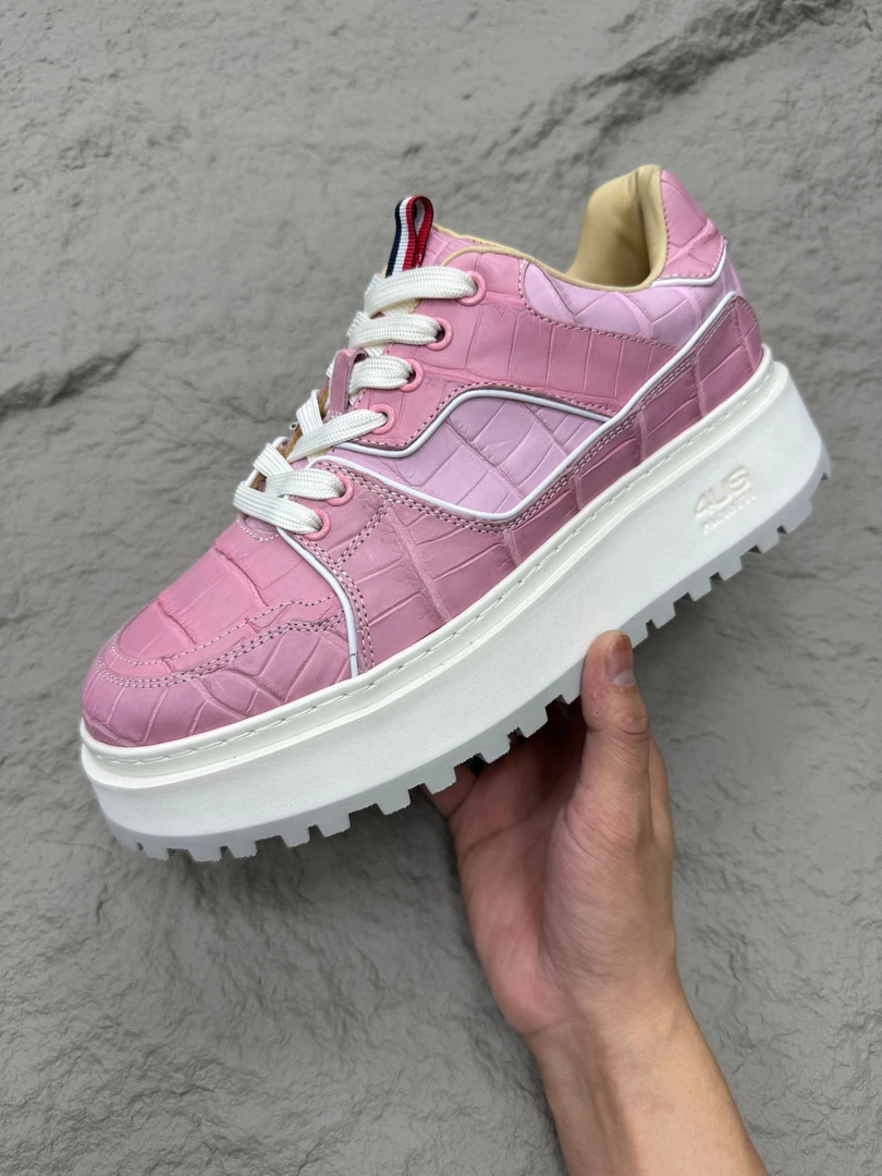 高定稀有大竹节湾鳄高奢休闲粉色低帮板鞋男透气轻弹增高5厘米