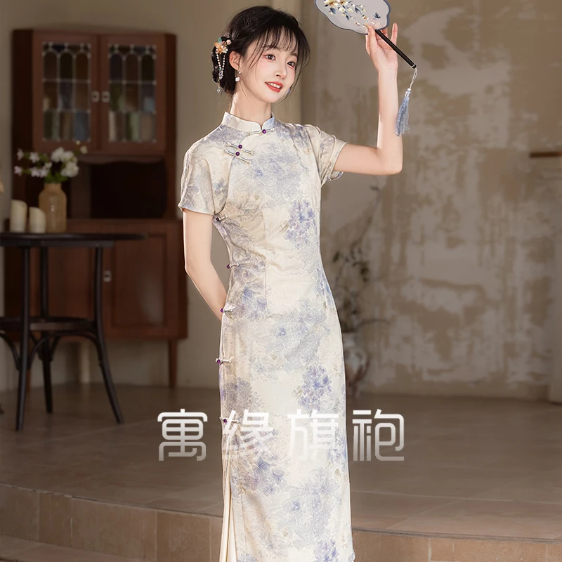 新款优雅中长款旗袍显瘦小清新气质民国风中式裙子素紫日常可穿女