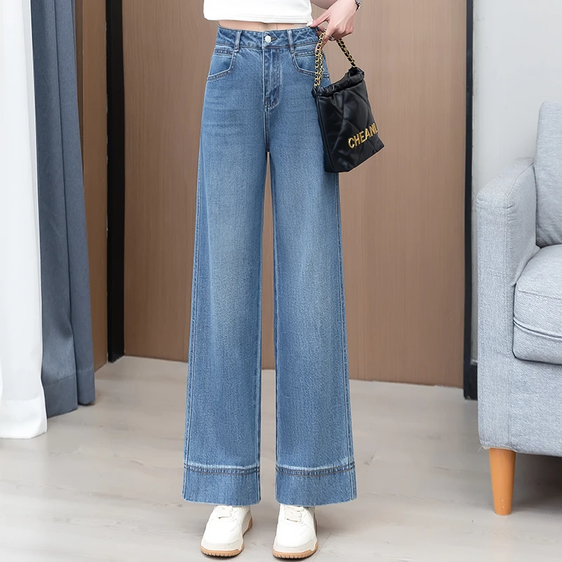 浅色复古阔腿牛仔裤女春秋2025新款高腰宽松显瘦九分垂感直筒裤子