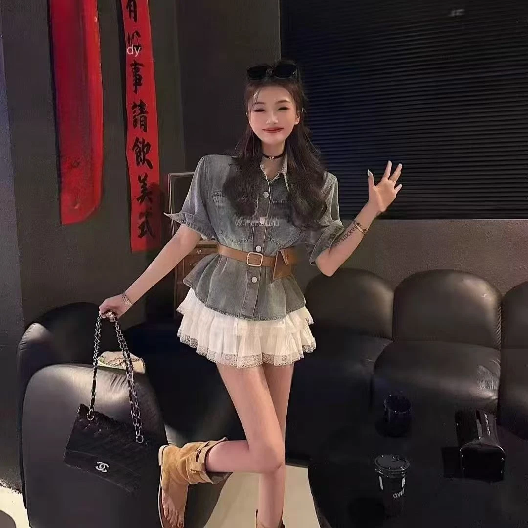 复古港风polo领牛仔外套女夏季2025新款收腰显瘦百搭水洗排扣上衣