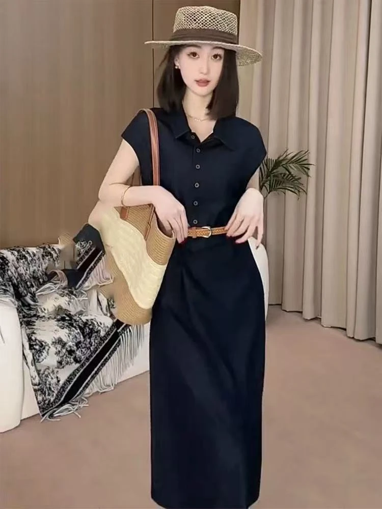 03款软牛仔法式高级感polo领短袖显瘦时尚连衣裙＋腰带两件套