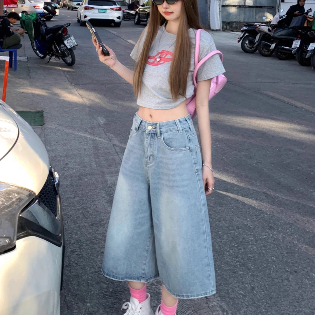 JZF浅蓝色牛仔七分短裤女2025夏季新款美式复古直筒宽松阔腿中裤