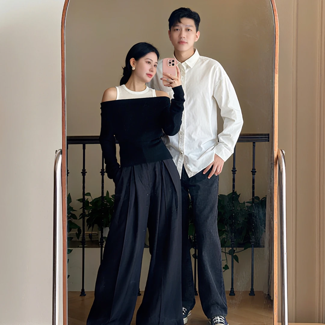 假两件气质修身露肩针织衫秋冬上衣打底衫拼色老钱风