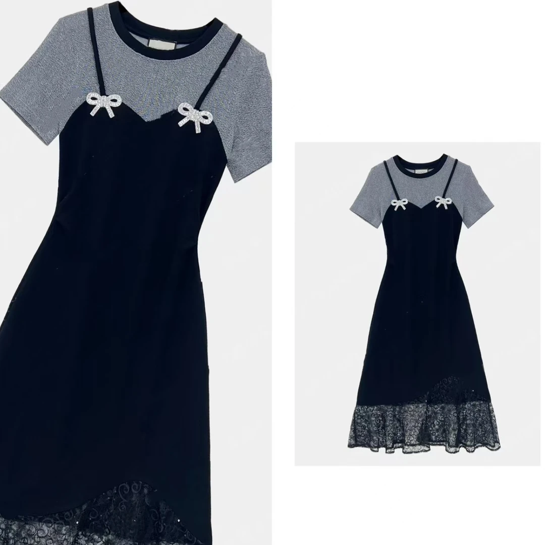 夏日轻奢假两件女装拼接烫钻蝴蝶结背带显瘦气质连衣裙