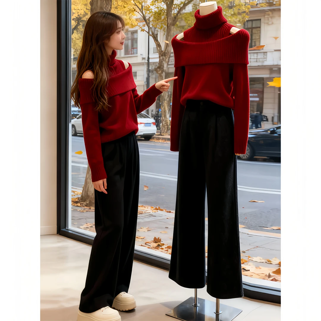 高领露肩长袖针织衫女内搭秋冬法式短款毛衣修身显瘦上衣