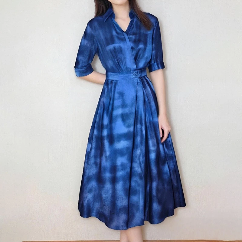 桑蚕丝宽松连衣裙时尚超百搭气质轻奢简约牛仔蓝LW  L5165