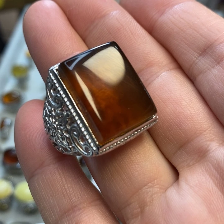 琥珀银S925镶嵌戒指