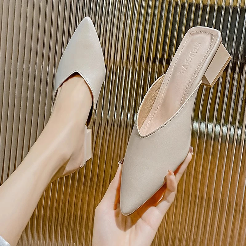 2025新款真皮法式半托单鞋尖头包头半拖鞋女夏百搭懒人穆勒鞋凉拖