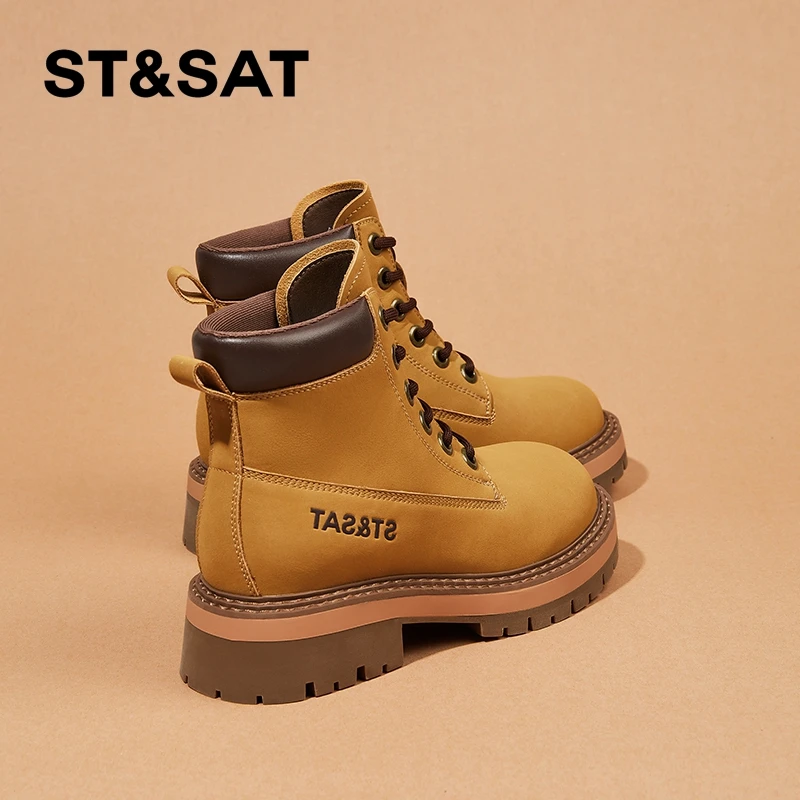 星期六真皮大黄靴女高帮马丁靴2025秋冬英伦风短靴厚底百搭工装鞋