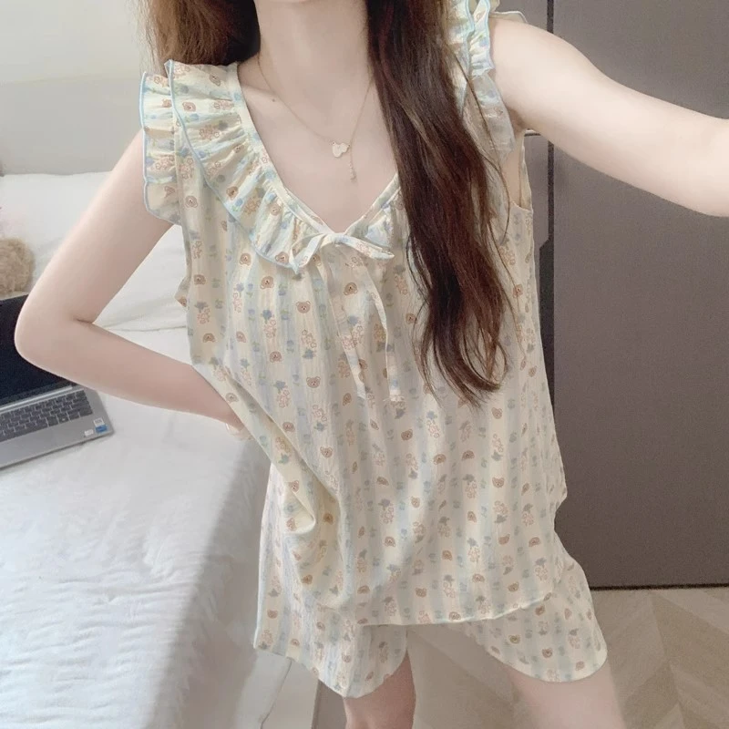 背心短裤睡衣女带胸垫夏季2025新款卡通小熊云朵棉薄款家居服套装