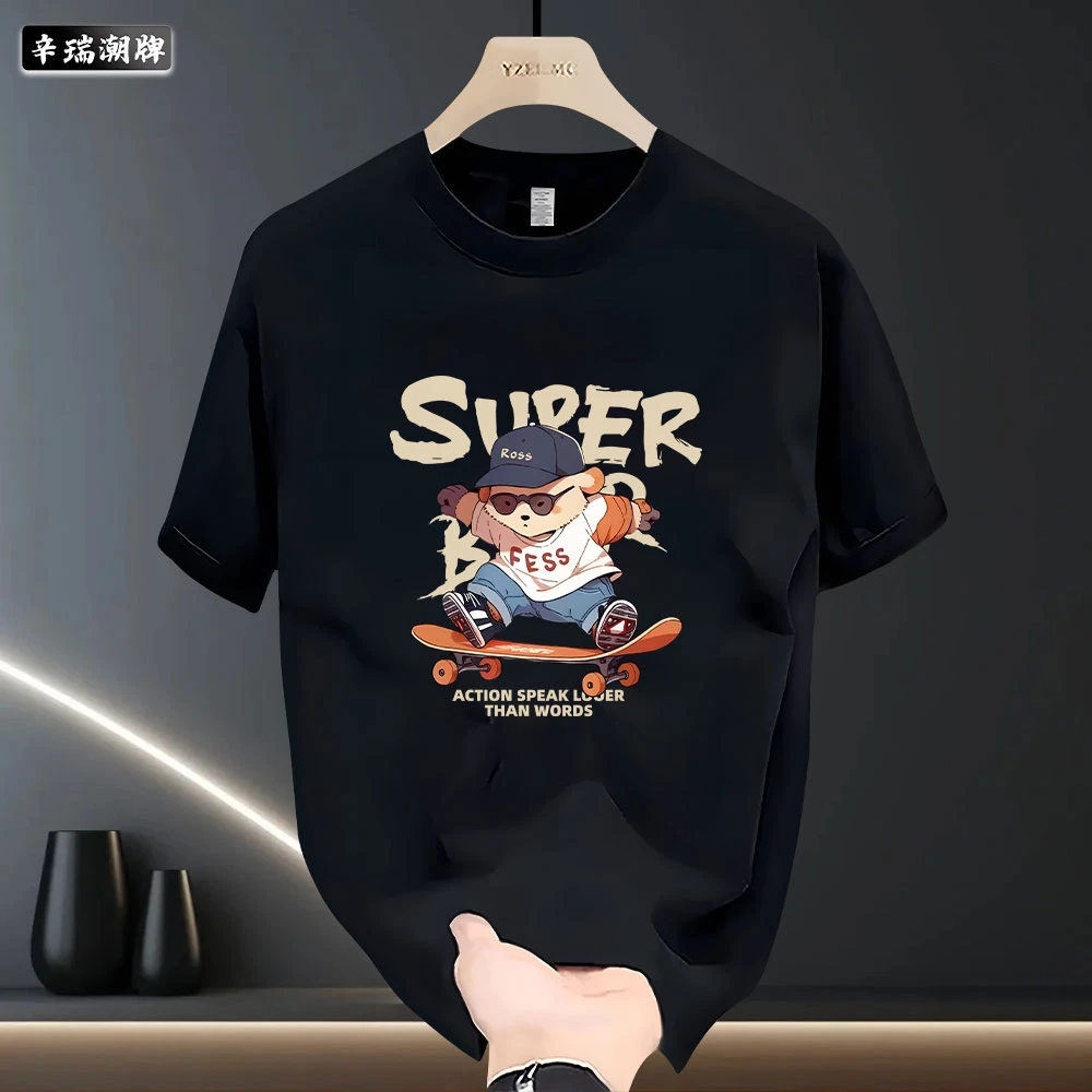 2025新款小众简约小熊印花ins风男女款百搭宽松纯棉T恤设计高级感