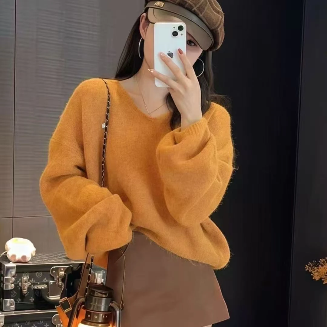 纯欲风V领正肩长袖针织衫女2025秋季新款懒简约风修身显瘦上衣