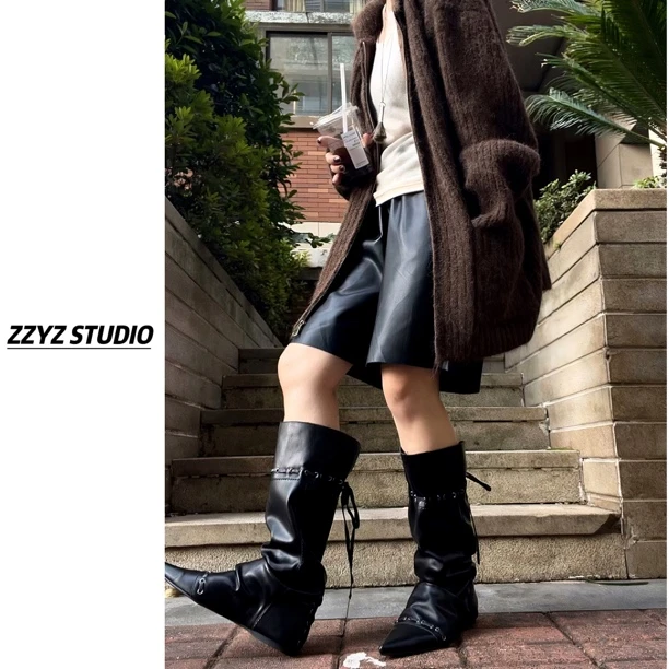 【ZZYZ】韩系及膝靴复古绑带尖头长靴百搭褶皱堆堆靴