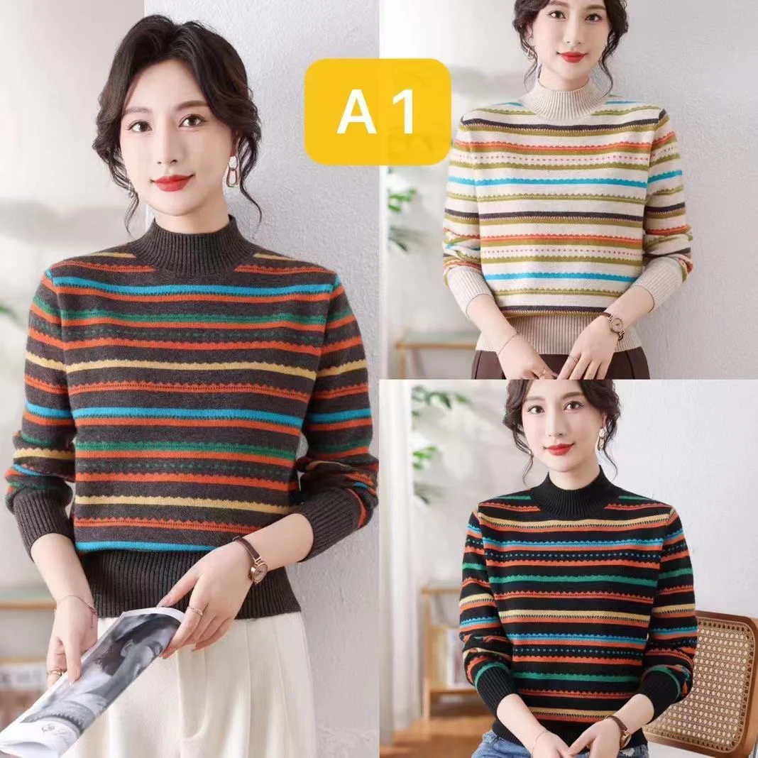条纹厚款花色衫高领毛网红短款加厚提花针织打底衫