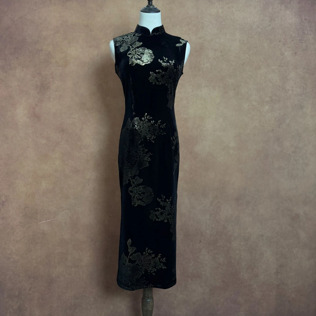 【鎏金】春秋季单层背后拉链复古高级丝绒小众复古日常旗袍长约120