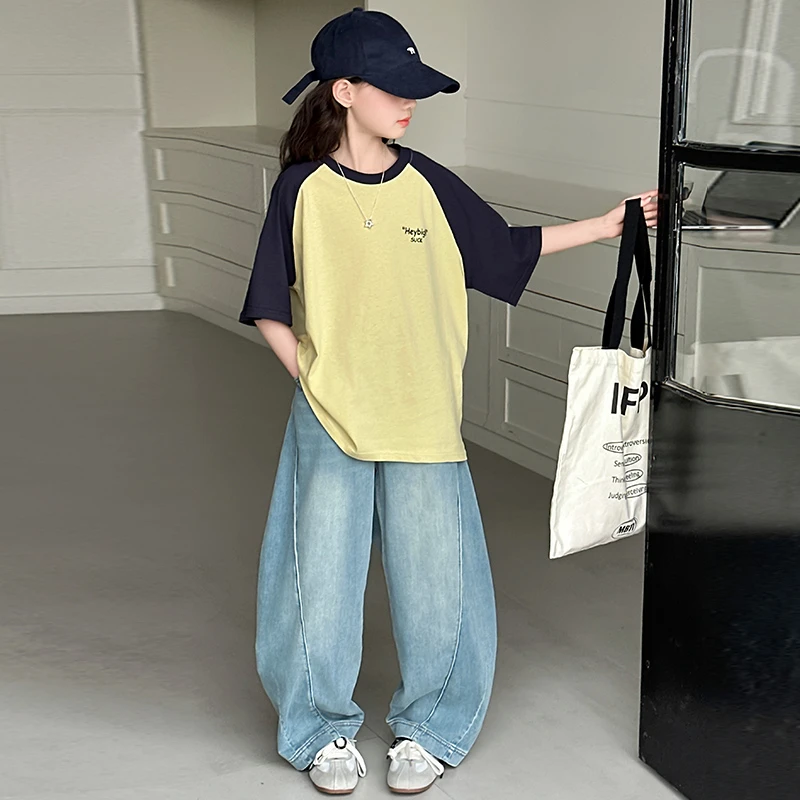 女童夏季短袖T恤2025新款洋气时髦牛仔裤中大童宽松休闲两件套潮