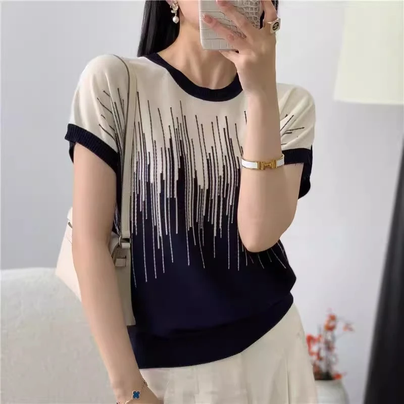 【流星雨-白】夏季圆领莱赛尔天丝渐变撞色针织短袖t恤女宽松显瘦