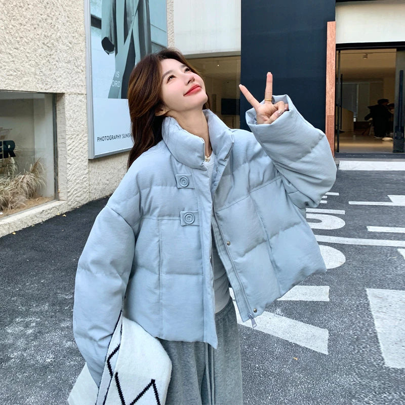 韩版立领蓝色羽绒服2025冬季新款小众设计感极简风穿搭加厚面包服