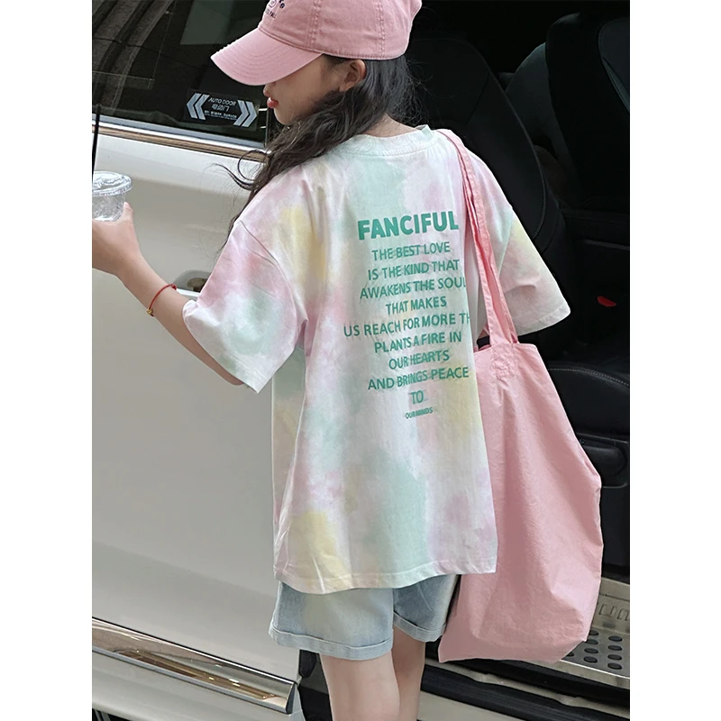 K28706炫彩扎染女童短袖T恤2025新款夏装大童儿童上衣休闲T恤时髦