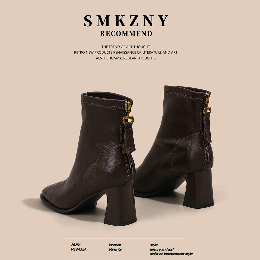 高跟短靴女2025新款秋季百搭时尚粗跟马丁靴女方头短靴美拉德靴子