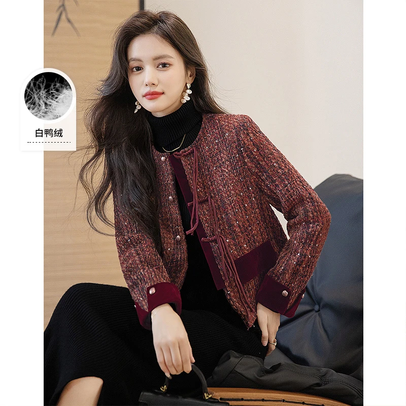 丝柏舍2025冬装新款女装小香风复古盘扣短款羽绒外套S43B4840Y