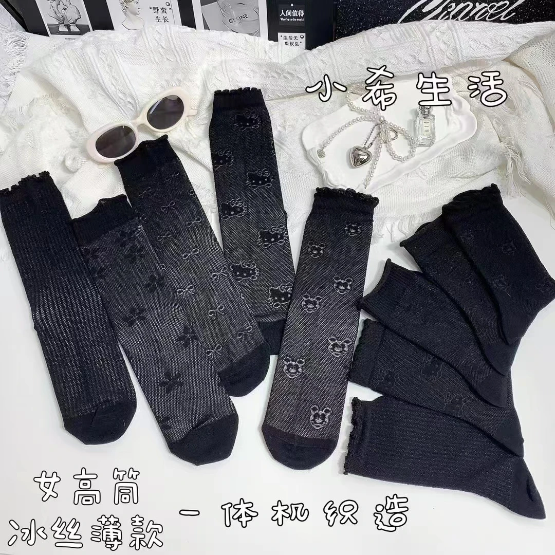 夏季镂空冰丝薄款堆堆袜日式透气长筒袜可爱风黑白配色百搭